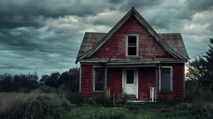 Old Red House Under a Stormy Sky