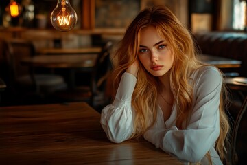 Fototapeta premium Pensive woman at a wooden table with a glowing lightbulb representing the contemplation of new ideas in a serene rustic setting
