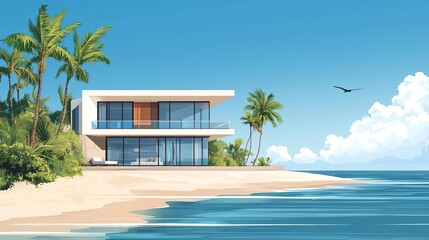Fototapeta premium Beachfront house, open sea view, flat design illustration