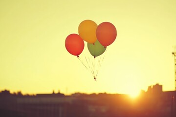 Obraz premium Balloons Drifting Above Sunset Cityscape with Negative Space
