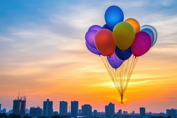 Fototapeta premium Colorful Balloons Over City Silhouette at Sunset, Advert Style