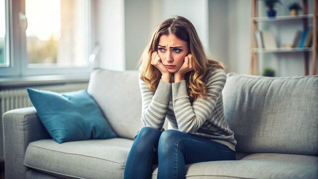 Anxious woman sits alone on a couch, overwhelmed by her thoughts, with a mix of fear, sadness, and desperation reflected on her distressed facial expression.
