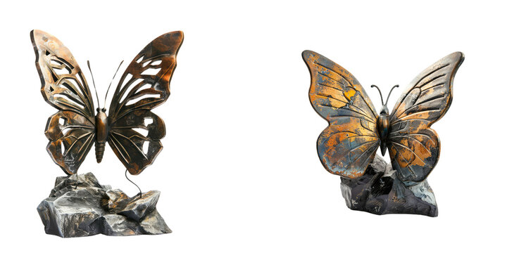 Set of a butterfly statue with open wings isolated on transparent background.