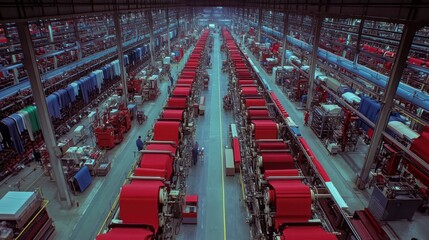 Obraz premium Aerial view of a textile factory with rows of machinery, highlighting the industrial scale of faric manufacturing.