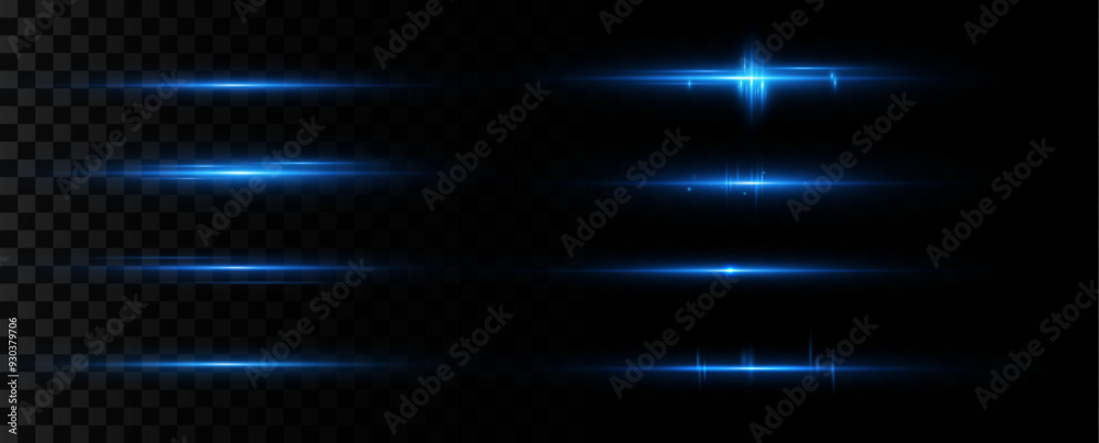 Aufkleber Neon blue horizontal speed lines. Glowing stripes. Laser beams. light lines of movement and speed in neon color.Beautiful flash of light and sparks.	