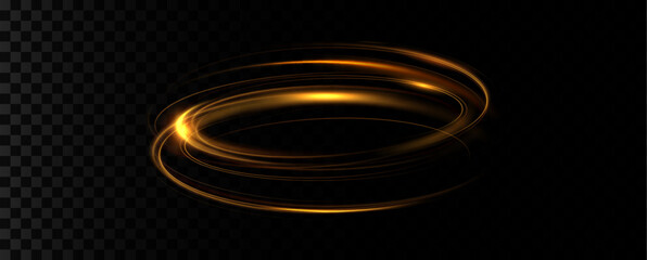 Golden glowing swirl. The effect of moving at the speed of light. Easy trail. Shiny wavy path. Vector.Neon light.	