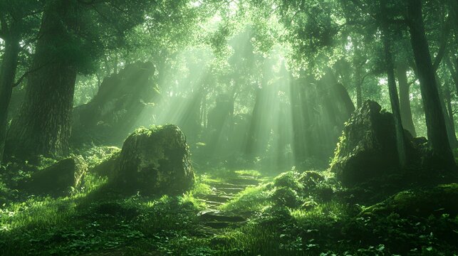 Sunlight beams through a dense forest with mossy rocks and a stone path. A Jurassic Park-Inspired.