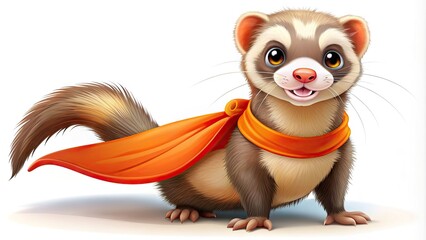 Fototapeta premium A playful, smiling ferret cartoon character stands upright, wearing a bright orange cape and holding a superhero insignia, conveying confidence and joyful energy.