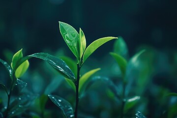 Close-Up of Fresh Green Tea Leaves with Dew Drops