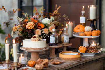 Fototapeta premium An elegant Thanksgiving dessert table featuring a pumpkin cheesecake with a gingerbread crust, surrounded by other seasonal treats, candles, and autumnal decorations.
