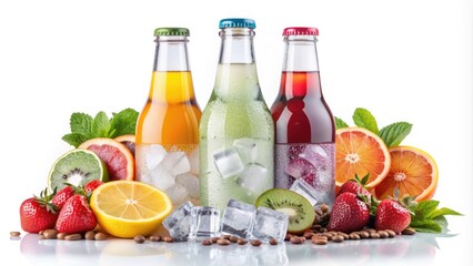 Fototapeta premium A refreshing glass bottle filled with fizzy soda and garnished with ice and fruits, isolated on a white background with a blank label for customization.