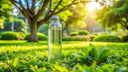 A refreshing glass water bottle sits on a lush green grassy lawn, surrounded by vibrant leaves and tropical foliage, evoking a sense of serenity.