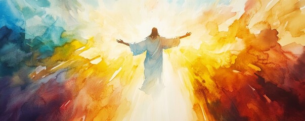 Fototapeta premium Jesus' resurrection, vibrant watercolor capturing the moment of ascension with bright, uplifting colors, religion