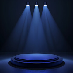 Dark blue environment with a winner's podium on a spotlighted stage