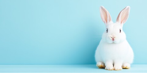 Obraz premium White bunny sitting on a soft blue background. Minimalistic and serene springtime scene.