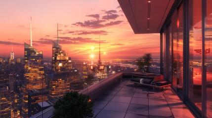 Naklejka premium Beautiful sunset view from the terrace of an expensive apartment overlooking New York City, with large glass windows and modern architecture. Skyscrapers and a modern cityscapes