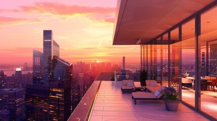 Beautiful sunset view from the terrace of an expensive apartment overlooking New York City, with large glass windows and modern architecture. Skyscrapers and a modern cityscapes