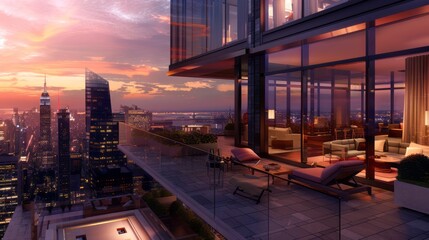 Fototapeta premium Beautiful sunset view from the terrace of an expensive apartment overlooking New York City, with large glass windows and modern architecture. Skyscrapers and a modern cityscapes