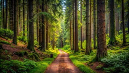 Obraz premium A rugged dirt path winds through a dense forest, surrounded by tall trees and lush greenery, evoking a sense of adventure and isolation.