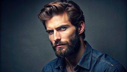 Fototapeta premium A rugged, handsome man with a well-groomed beard poses sideways, showcasing his strong jawline and stylish hairstyle, with a subtle smile and introspective gaze.