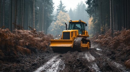 ulldozer clearing a path through dense forest, symolizing the power of heavy equipment in land development.