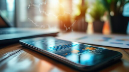 Smartphone Displaying Investment Charts on a Wooden Desk
