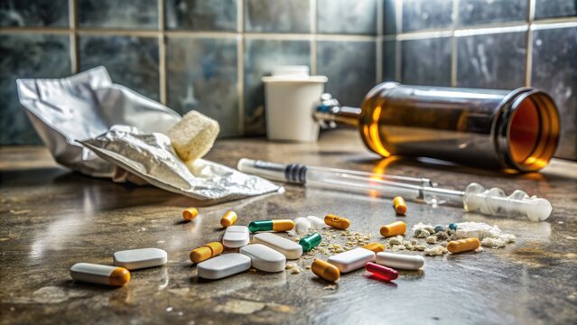 A scattered mix of heroin packets and prescription pills litters a dirty bathroom countertop, highlighting the devastating consequences of drug addiction and abuse.