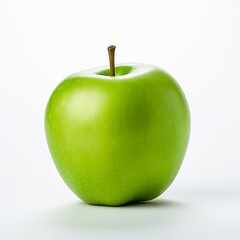 A Granny Smith apple isolated on a white background. The apple is a perfect sphere, with smooth, shiny skin. The stem is a deep red, and the leaves are a bright green.