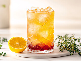 A glass of lemonade with lemon and red raspberry syrup, garnished with a lemon wedge and a sprig of mint, served on a white tray.
