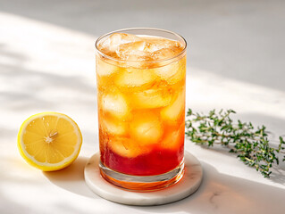A glass of lemonade with lemon and red raspberry syrup, garnished with a lemon wedge and a sprig of mint, served on a white tray.