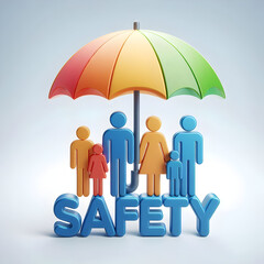 3D Family Umbrella with Safety Concept - Diverse Family Members Under Protective Umbrella Symbolizing Safety and Security for Insurance and Family Care Campaigns