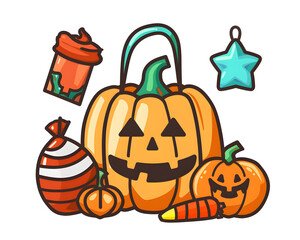 Trick or Treat Pumpkin Illustration: A playful and festive cartoon illustration featuring a jack-o'-lantern, candy, a star, and a carrot.  This whimsical design is perfect for Halloween, trick-or-trea