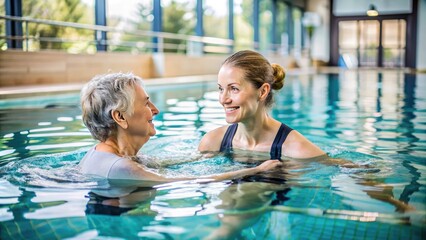 A serene aquatic therapy session unfolds in a warm and inviting pool, with a trained therapist providing gentle guidance and support to a relaxed client.