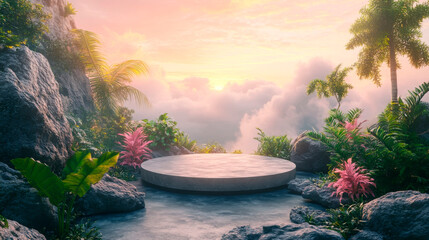 Stunning mountain top view with a serene circular platform amidst lush tropical foliage, perfect for travel and wellness retreat themes