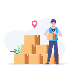 Fast delivery service man giving box to customer vector illustration