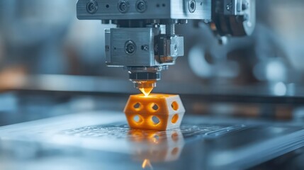 Close-up of a 3D printer head uilding an oject, showcasing innovation and precision in modern machinery.