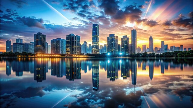 A serene lake reflects a mirrored image of a futuristic cityscape at dusk, symbolizing the convergence of natural and digital worlds in data storage.