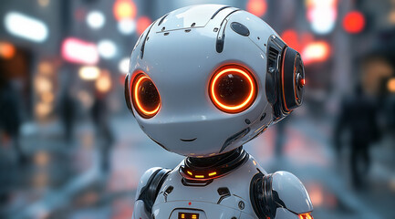 Fototapeta premium Close-up of the face of a positive and cute white robot standing against the background of the street. 3d illustration