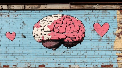 Street art mural of brain and hearts on brick wall
