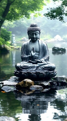 Serene Buddha statue meditating by tranquil waters in a lush green garden