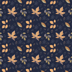 Vector seamless pattern with various multi colored autumn leaves.