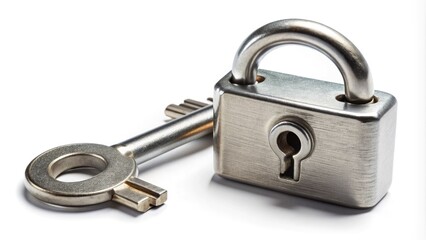 Naklejka premium A shiny silver padlock with a small keyhole, accompanied by a single old rusty key, symbolizing security, protection, and unlocking secrets on a white background.