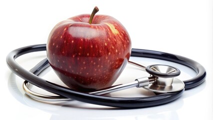 A shiny stethoscope coils around a crisp, juicy apple, symbolizing the intersection of healthcare and healthy living, with a touch of simplicity and elegance.