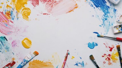Obraz premium A white background with scattered paint swatches and brushes, emphasizing the process of reimagining creativity from a fresh perspective.
