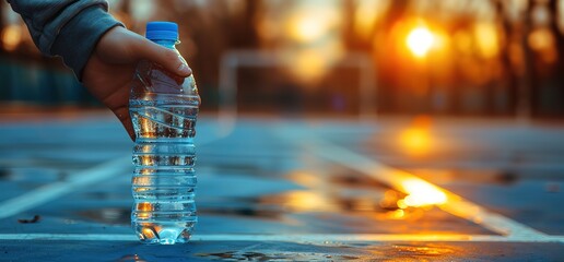 Close up of a hand holding a bottle of water on a basketball court. The sun is setting in the background.