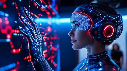 A futuristic cyborg woman interacts with a holographic interface, showcasing advanced technology and human-machine integration.