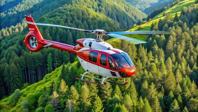 A sleek Eurocopter EC135 helicopter, painted in a bold red and white livery, hovers above a lush green forest, rotors whirring, against a clear blue sky.
