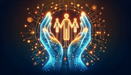 3D Glowing Abstract Family Hands Connected by Light Lines - Concept for Family Support Campaigns