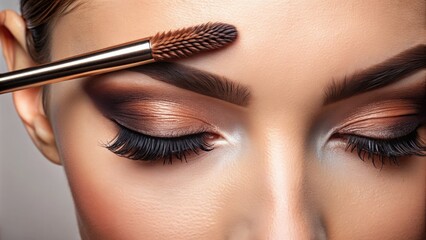 Naklejka premium A sleek, modern makeup brush applies a swipe of clear eyebrow gel to shape and define a perfectly groomed eyebrow, with a subtle shine effect.