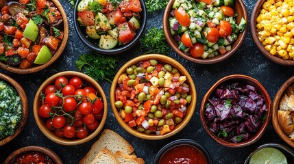 Fototapeta premium A variety of fresh salads and vegetables in bowls, showing vibrant colors and healthy meal options.